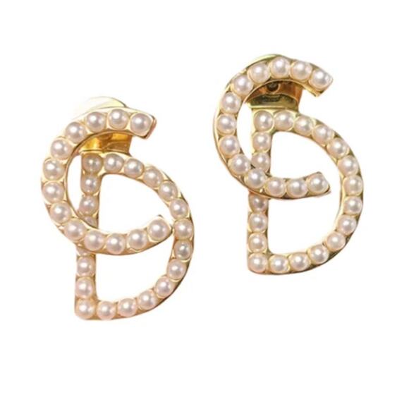 Christian Dior Gold and Pearl CD Stud Earrings (CDXX007) - Picture 1 of 4